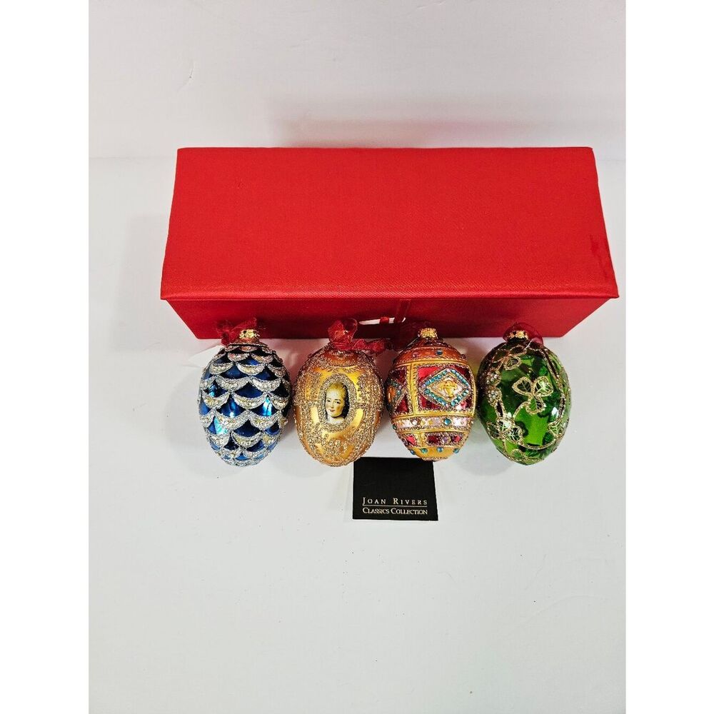 Vintage Joan Rivers Colorful Russian Faberge Style Blown Glass Egg Ornament Set